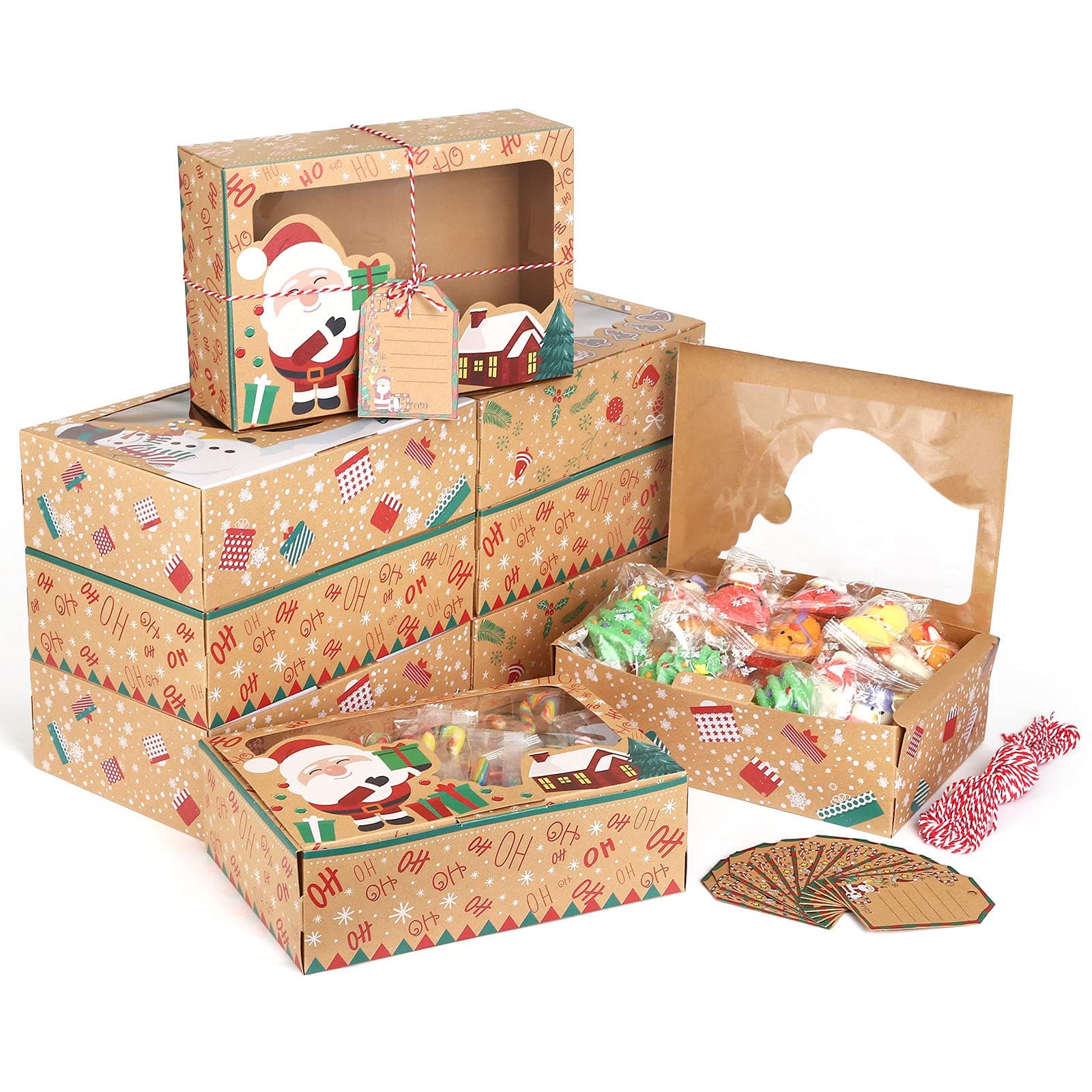 LEMESO 12 Pack Christmas Cookie Boxes with Window & 12 Pcs Gift Tags, Christmas Kraft Bakery Boxes, Cute Snowman/Santa Claus/Ginger Man Boxes, Great for Storing Cookies & Candy on Christmas Party