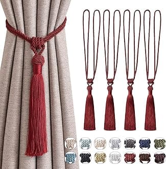 Pretty Jolly 4 Pack Long Tassel Curtain Tiebacks Handmade Braided Rope Knot Drape Tie Backs European Style Decorative Curtain Holdbacks for Home & Office Window Drapery (Wine Red)