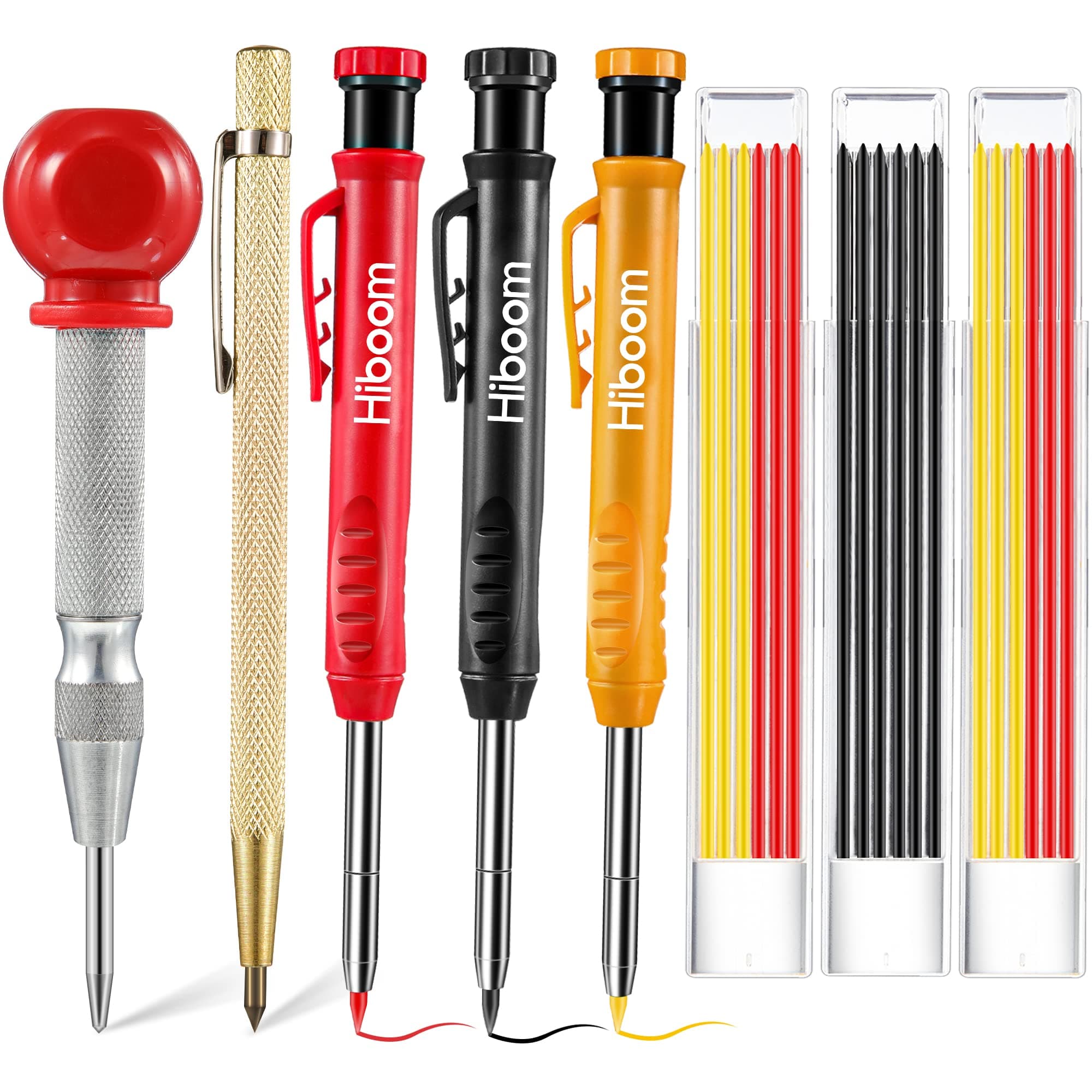Hiboom 8 Pack Carpenter Pencils Set with 18 Refills (Red, Black, Yellow) and Sharpener, 5 Inch Center Punch, Carbide Scribe Tool, Deep Hole Marker, 2.8 mm Heavy Duty Woodworking Pencils for Architect