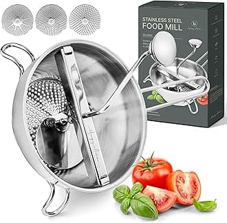 Stainless Steel Food Mill with 3 Discs – Ergonomic Rotary Hand Crank for Tomato Sauce, Applesauce, Baby Food, Mashed Potatoes, Puree & Canning