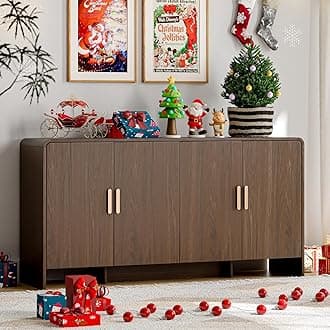 ONBRILL 60" Sideboard Buffet Cabinet with Storage, Curved Design Farmhouse Modern Coffee Bar Cabinet with 4 Doors & Adjustable Shelves for Living Room, Kitchen, Hallway, Walnut