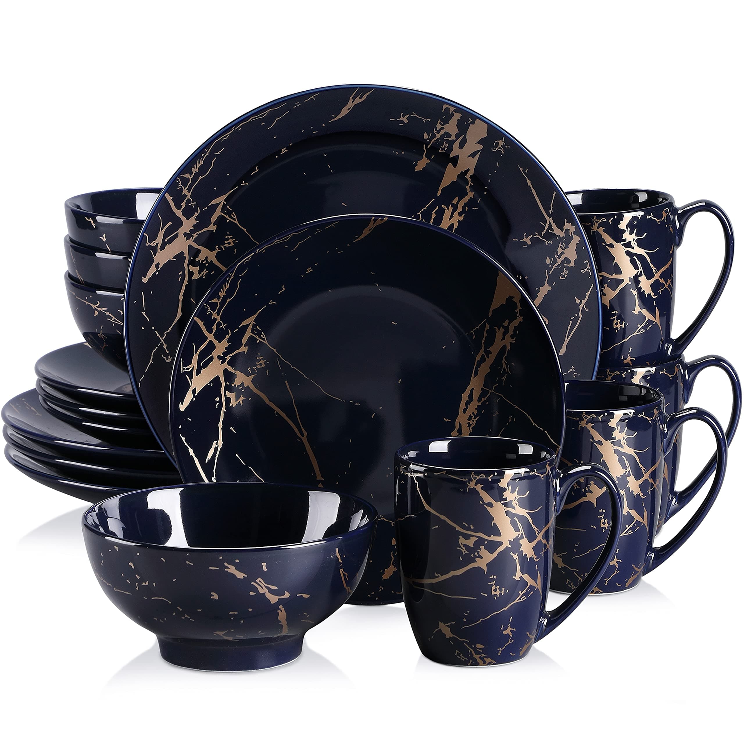 Porcelain Dinnerware Sets for 4, 16 PCS Plates and Bowls Set, Color Glaze with Gold Plate Dish Set, Dinner Sets with Dinner Plates, Dessert Plate, Bowls and Mugs, Dark Blue