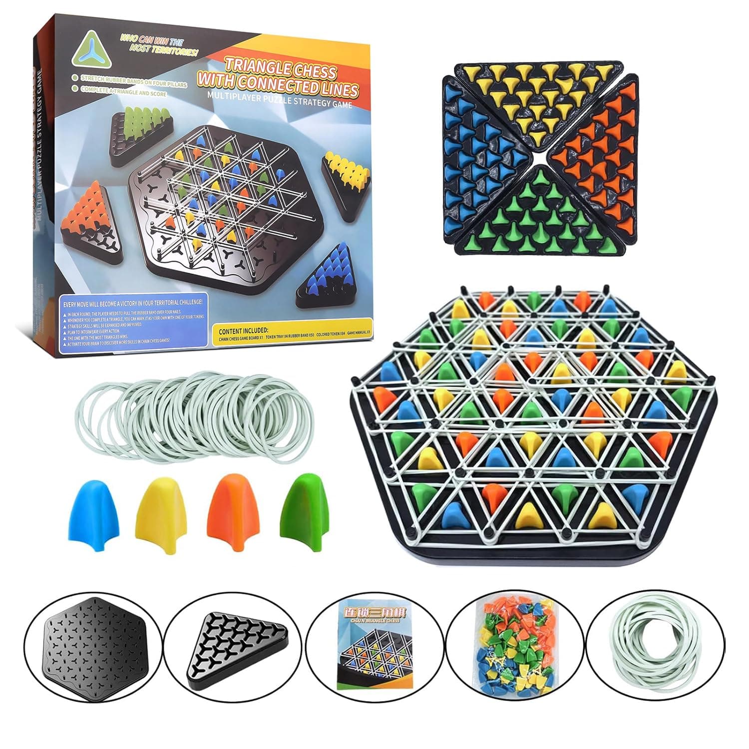Chain Triangle Chess Game, Triggle Rubber Band Game, Triangle Chain Chess Game Set, Strategy Board Games, Famliy Night Games for Kids and Adults, 2 to 4 Players