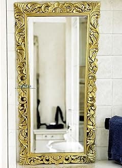 Hand-Carved Wooden Mirror Frame for Wall Decoration | Wall Mount Frame for Bedroom & Living Room | Solid Mango Wood | Antique Gold Finish | 6 x 3 Feet | Mirror Not Included