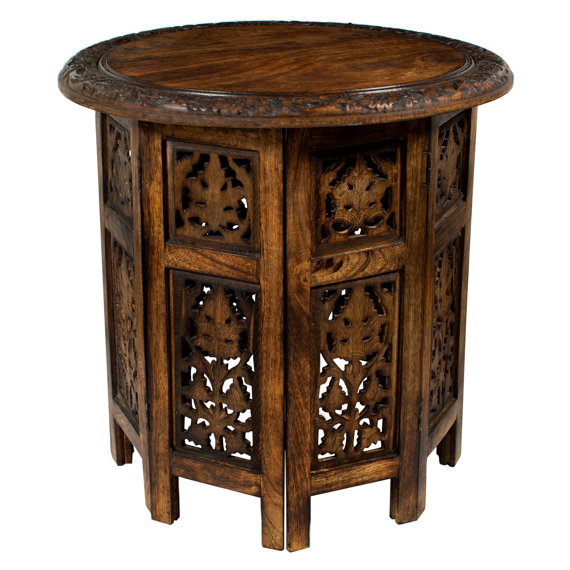 Solid Wood Accent End Table - Hand Carved Vintage Boho Folding Side Table - Small Spaces Entryway Farmhouse Living Room Bedside - No Tools Assembly -18x18 Round - Jaipur Antique Brown -Cotton Craft