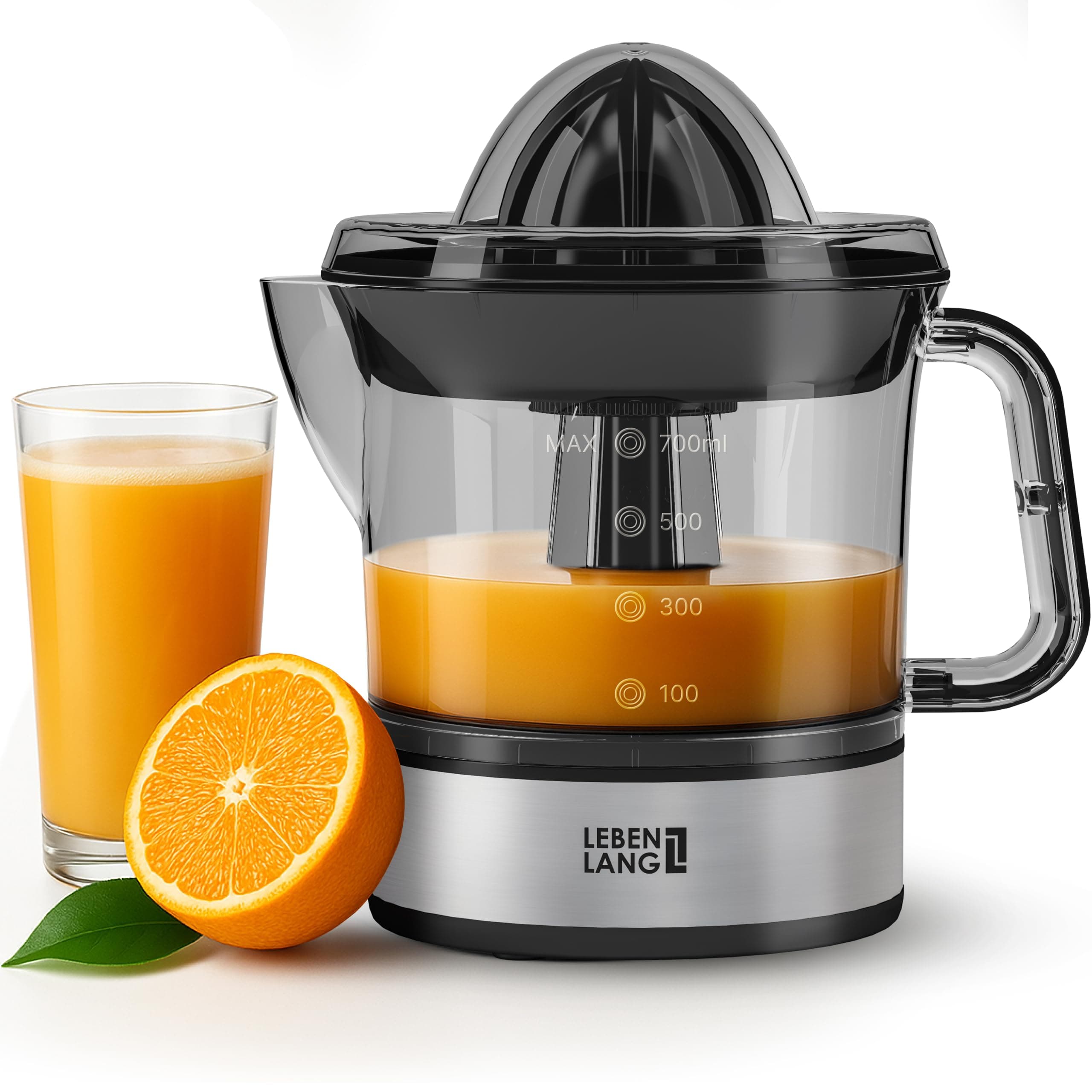 Lebenlang Lemon Squeezer Electric High Juice Yield Juicer, Orange Squeezer 2 Directions of Rotation Electric Fruit Press with 2 Cones Stainless Steel