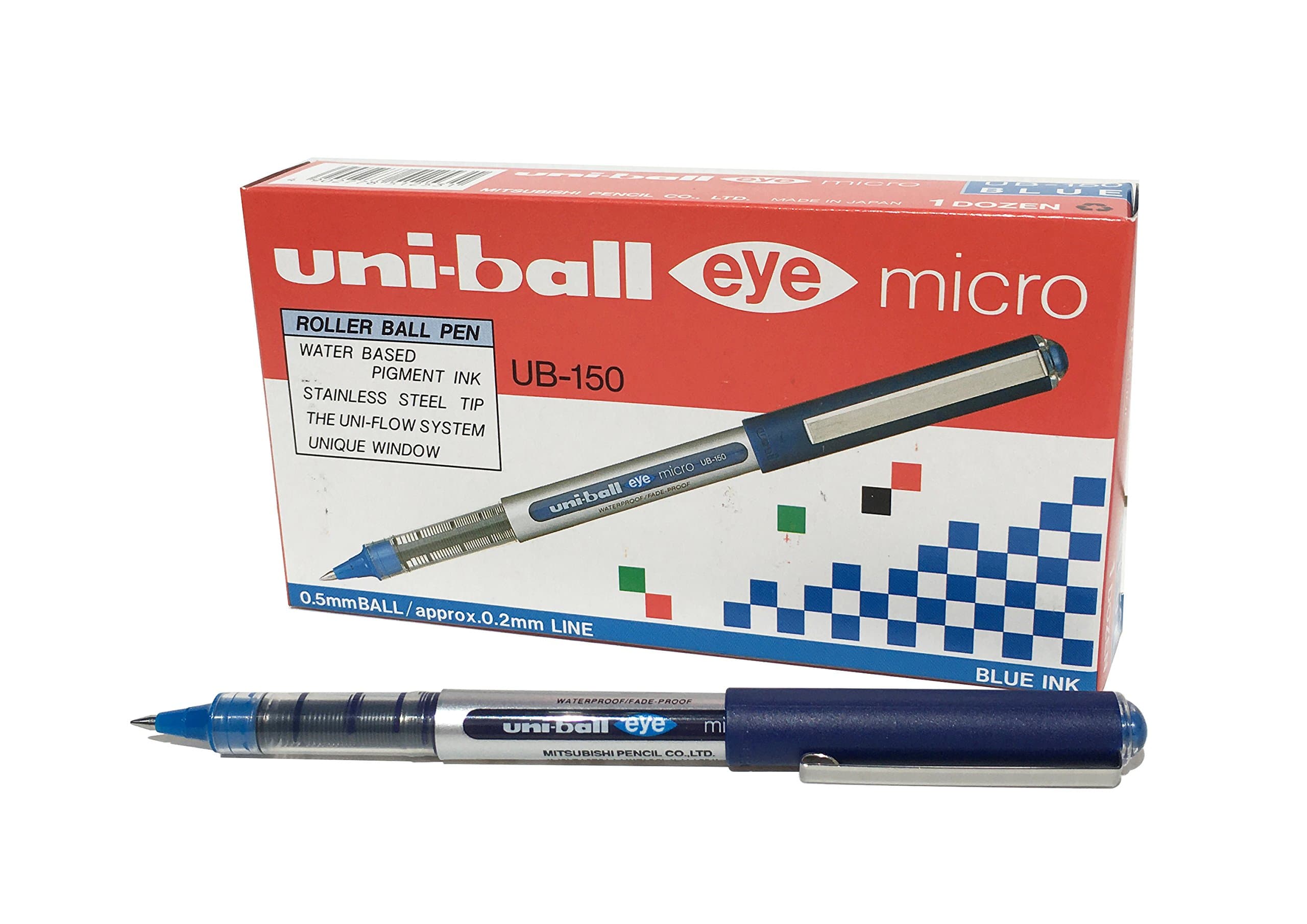 uni-ball UB-150 Eye Micro Rollerball Pens, Blue Uni Super Ink, .5mm Nib, Box of 12