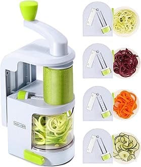 Spiralizer Vegetable Slicer (NEW 4-in-1 Rotating Blades) Heavy Duty Veggie Spiralizer with Strong Suction Cup, Zucchini Spiral Noodle/Zoodle/Spaghetti/Pasta Maker (Free Recipe Book and Cleaning Brush)