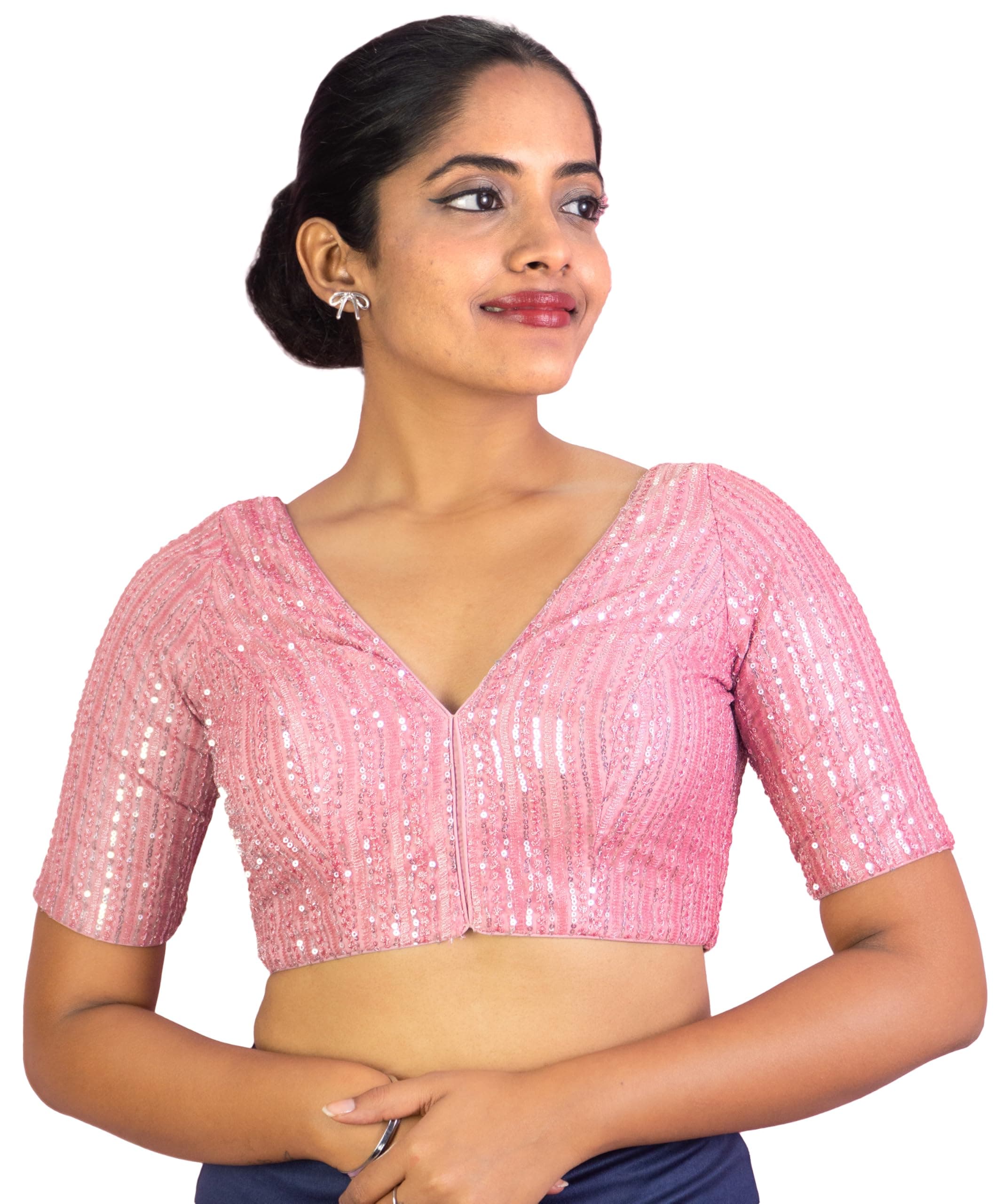 FIGURE'S DESIGNER Women's Sequin V Neck Elbow Half Sleeve Readymade Saree Blouse E1
