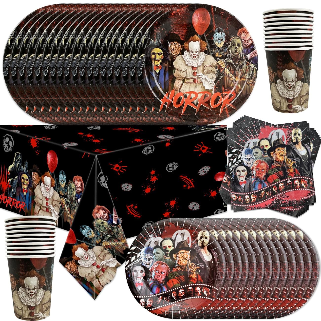 Horror Birthday Party Decorations, 81Pcs Horror Theme Party Tableware Set Include 1 Tablecloth 40 Plates 20 Napkins 20 Cups Horror Party Decorations for Halloween