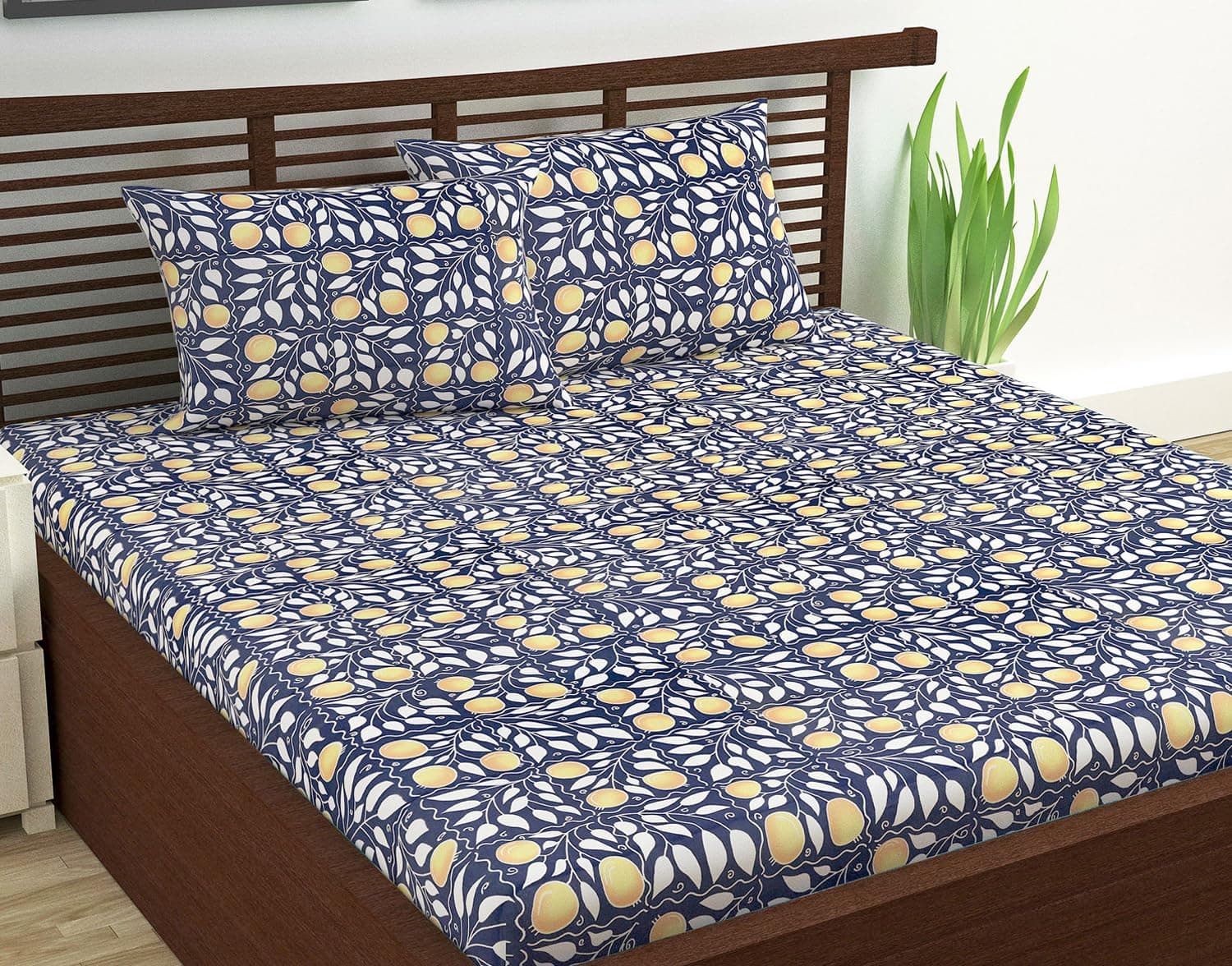 Divine Casa Double Size Bedsheet for Double Bed, 144 TC Pure Cotton Queen Size with 2 Pillow Covers | 222 by 254 cm | Floral | Navy & Orange