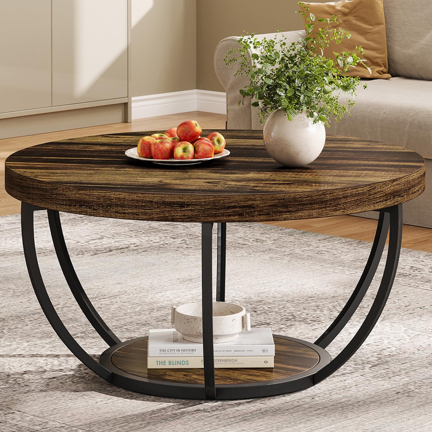 Tribesigns Round Coffee Table, Industrial 2-Tier Circle Coffee Table with Storage Shelves, Modern Wooden Accent Center Table Sofa Side Table for Living Room, Rustic Brown and Black