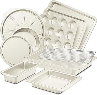 HONGBAKE Bakeware Sets, Baking Pans Set, Nonstick Oven Pan for Kitchen with Wider Grips, 10-Piece Including Rack, Cookie Sheet, Cake Pans, Loaf Pan, Muffin Pan, Pizza Pan -Cream