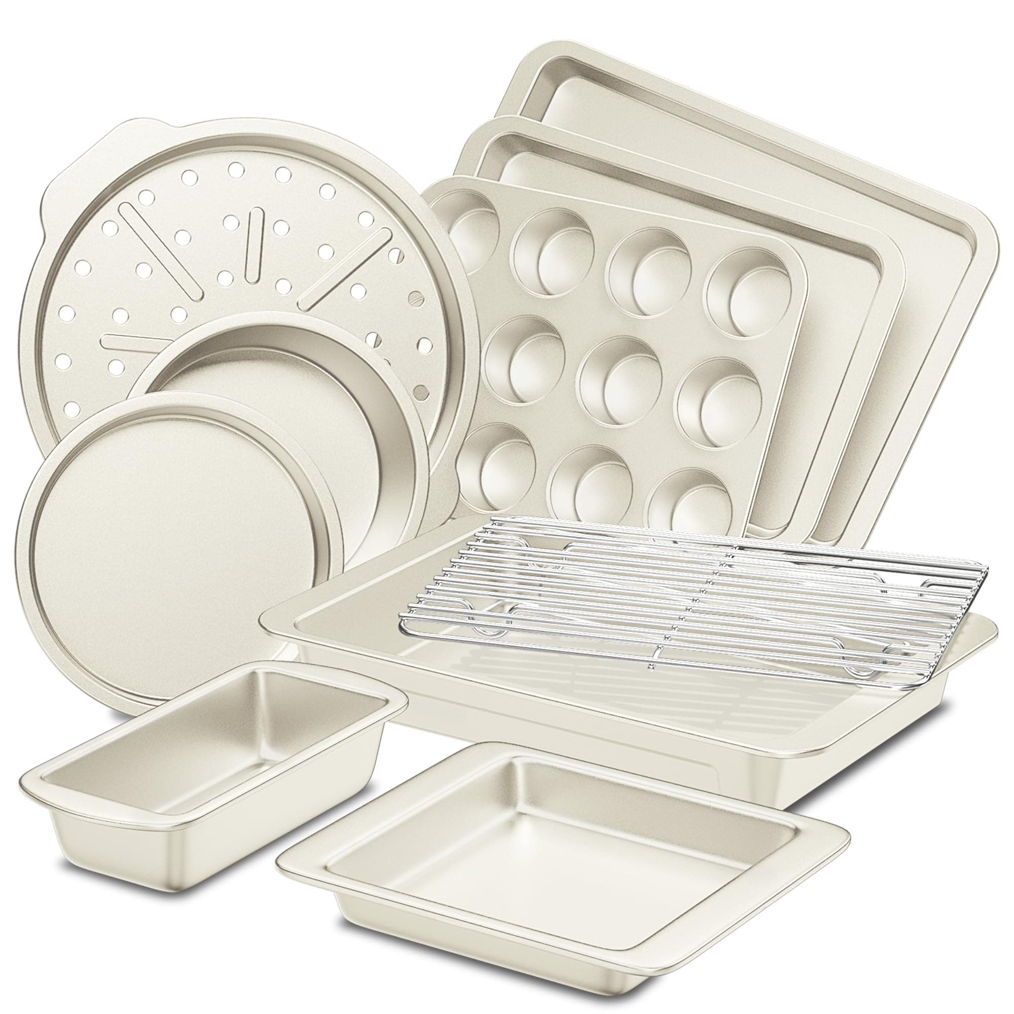 HONGBAKE Bakeware Sets, Baking Pans Set, Nonstick Oven Pan for Kitchen with Wider Grips, 10-Piece Including Rack, Cookie Sheet, Cake Pans, Loaf Pan, Muffin Pan, Pizza Pan -Cream