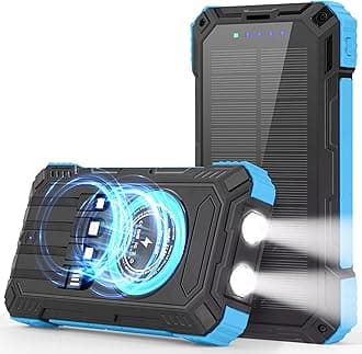 Solar Charger Power Bank,36000mAh Portable Wireless Charger with USB-C in/Output,15W Fast Charging External Battery Pack Built in 4 Cables,Three Inputs Phone Portable Charger (Blue, 36000mAh)