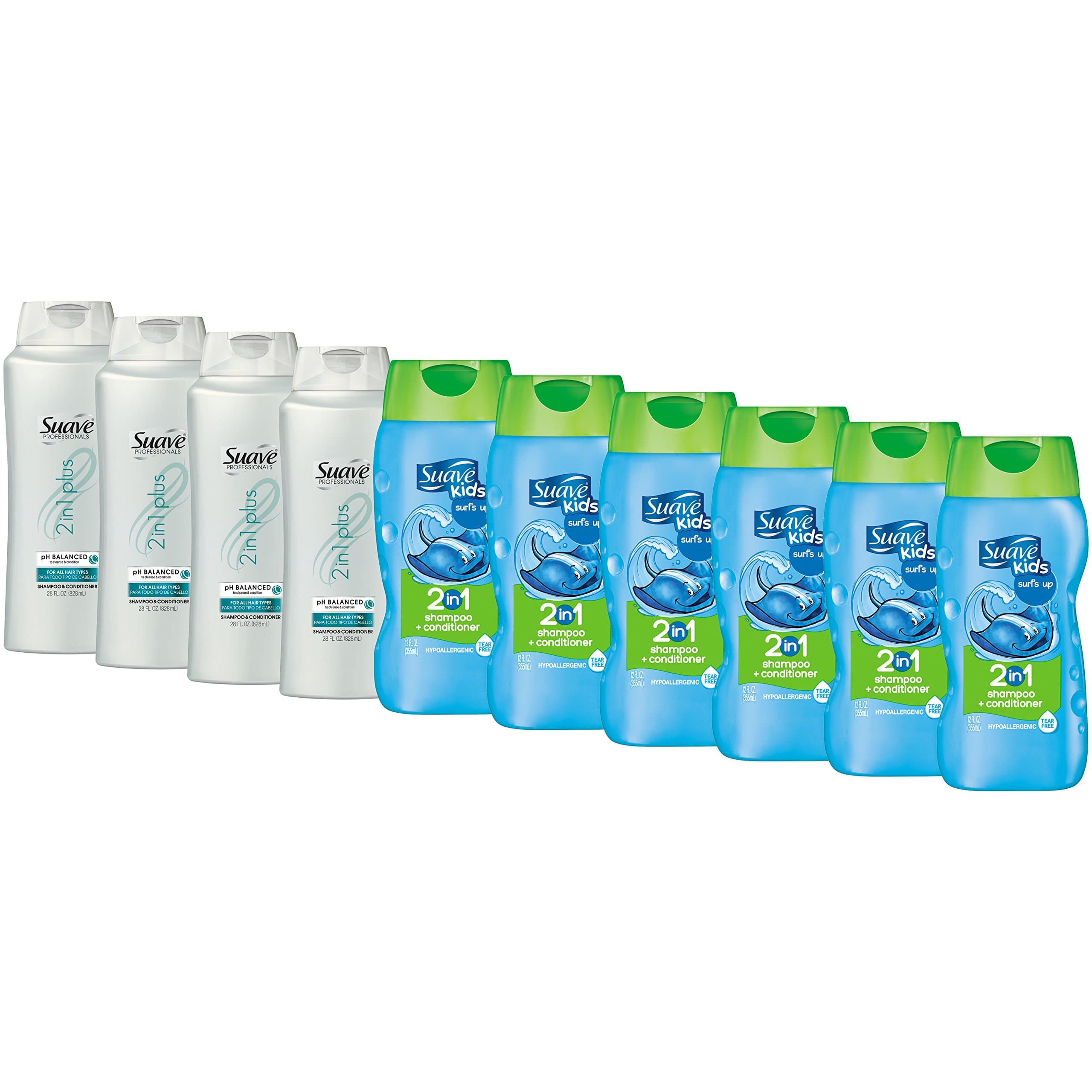 Suave Professionals 2 in 1 Shampoo and Conditioner, Pack of 4 and Suave Kids 2 in 1 Shampoo and Conditioner