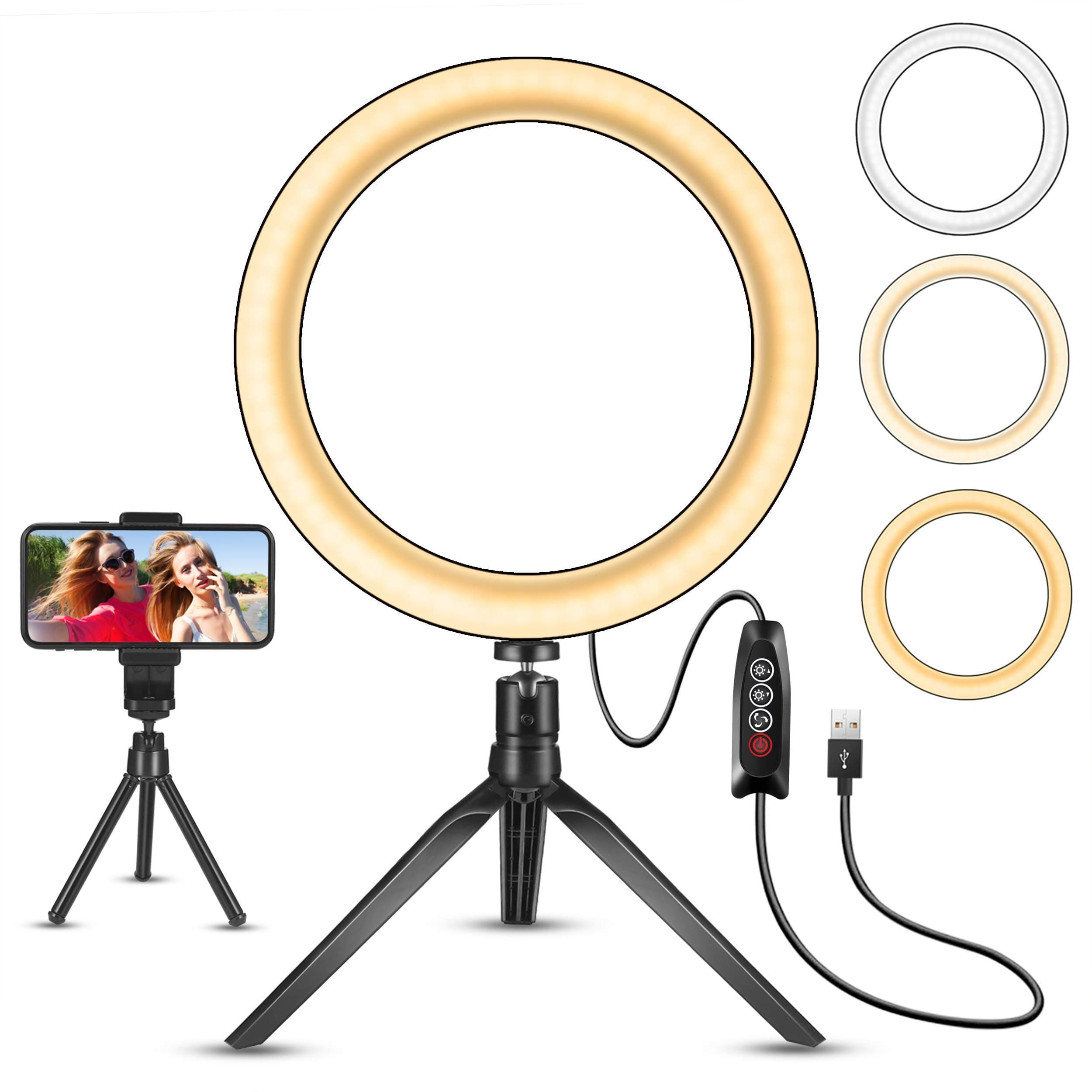 LED Ring Light 10'' with Stand Tripod for Makeup, Live Streaming & YouTube Video, Table LED Camera Light with Cell Phone Holder, Mini Dimmable Lamp with 3 Light Modes & 11 Brightness Level (10 inch)