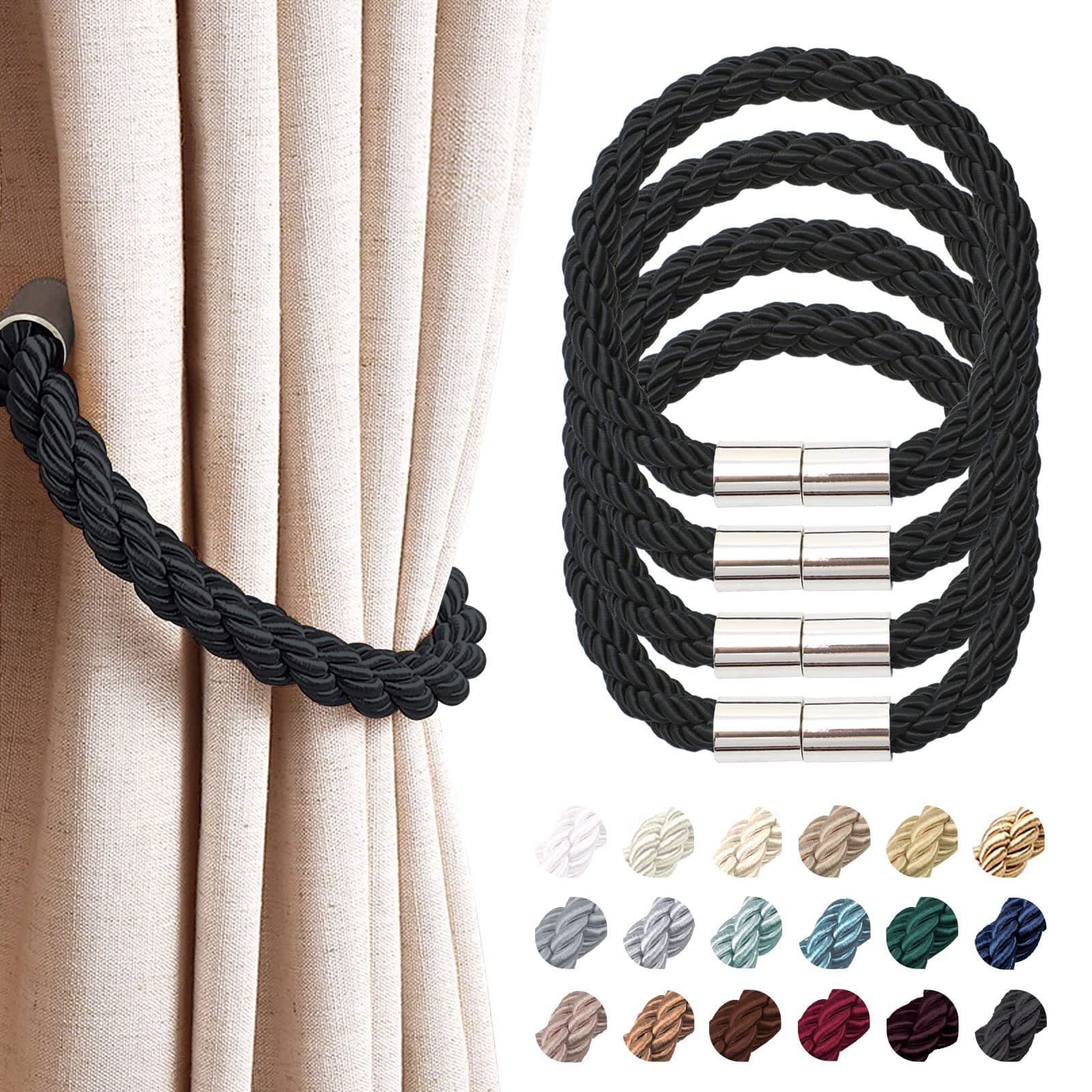 4 Pack Strong Magnetic Curtain Tiebacks Modern Simple Style Drape Tie Backs Convenient Decorative Weave Rope Curtain Holdbacks for Thin or Thick Home & Office Window Draperies (Black)