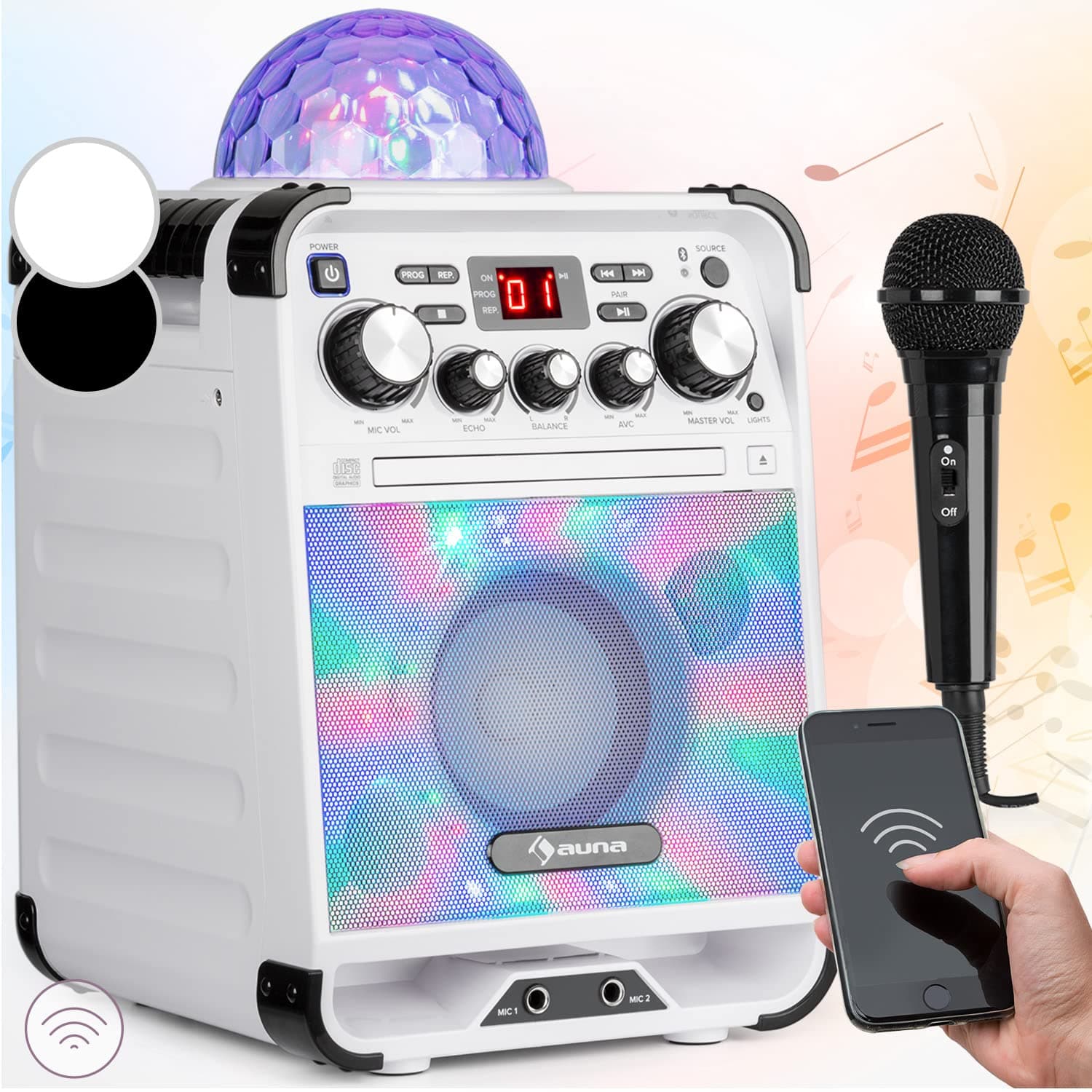 auna Rockstar LED Karaoke System - Karaoke Machine with CD-Player, Karaoke with Bluetooth, Portable Microphone with Speaker,Disco Atmosphere, AUX 2 x 6.3mm Wireless, Multicolour LEDs Jellyball, White