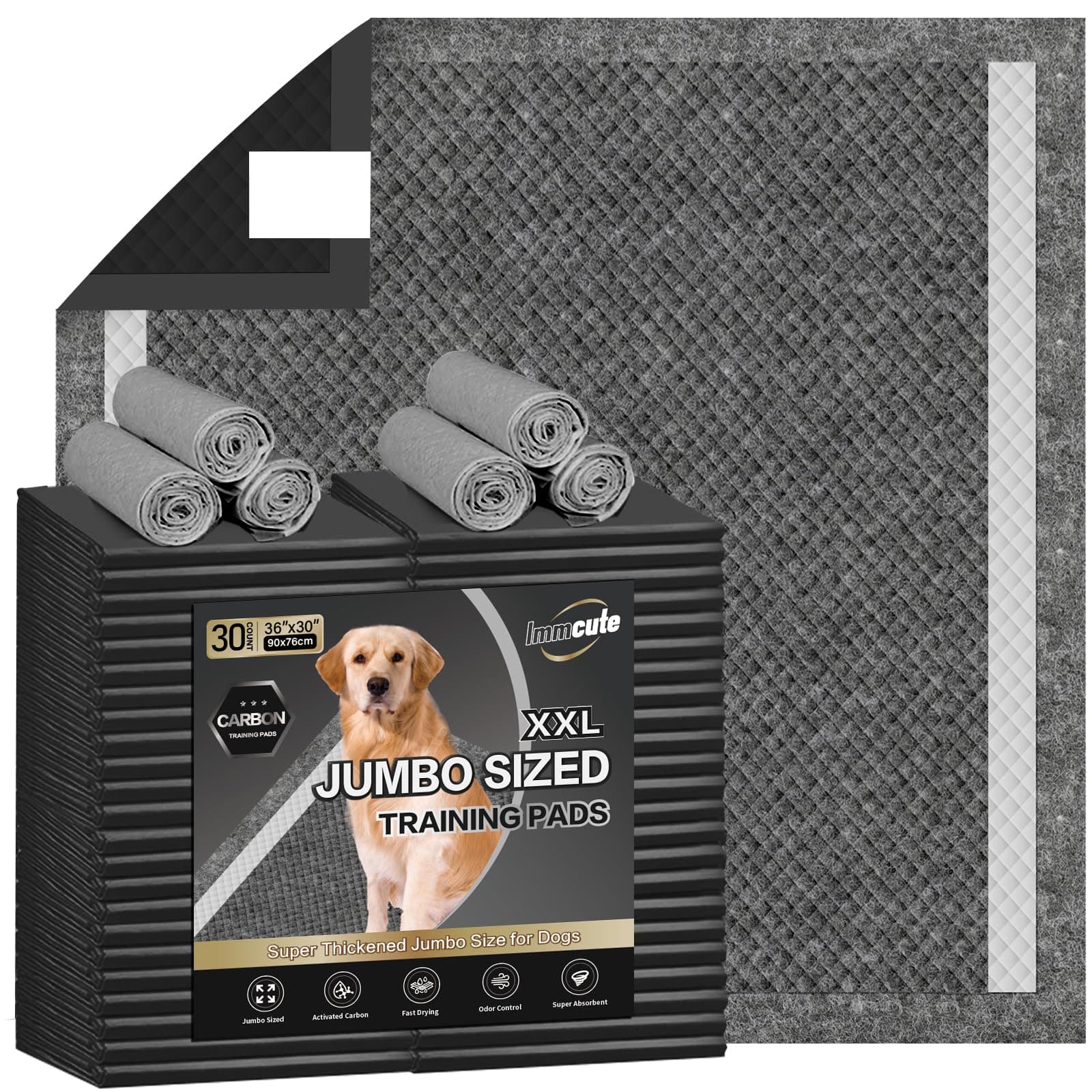 IMMCUTE Dog Pee Pads Extra Large 30"X36", 30 Count, Charcoal Puppy Pads, Absorbent Pads & Fast Drying Potty Pads for Dogs with Adhesive Strip, Disposable Pee Pads , Idea for Pet Training, Jumbo Size