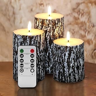 Eywamage Black Pine Bark Flameless Pillar Candles with Remote, 3 Pack Flat Top Flickering Battery Operated LED Candles Farmhouse Decor