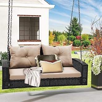 DWVO Hanging Porch Swing Chair Outdoor Wicker Rattan Patio Swing Lounge 2 Seats Cushions Capacity 530lbs for Balcony, Garden, Living Room, Brown Rattan Light Brown Cushion