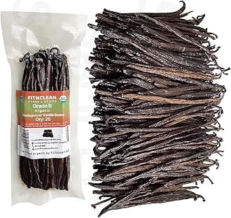 25 Organic Madagascar Vanilla Beans Grade B. Certified USDA Organic. 5"-7" Bulk by FITNCLEAN VANILLA| Bourbon Whole NON-GMO PODS.