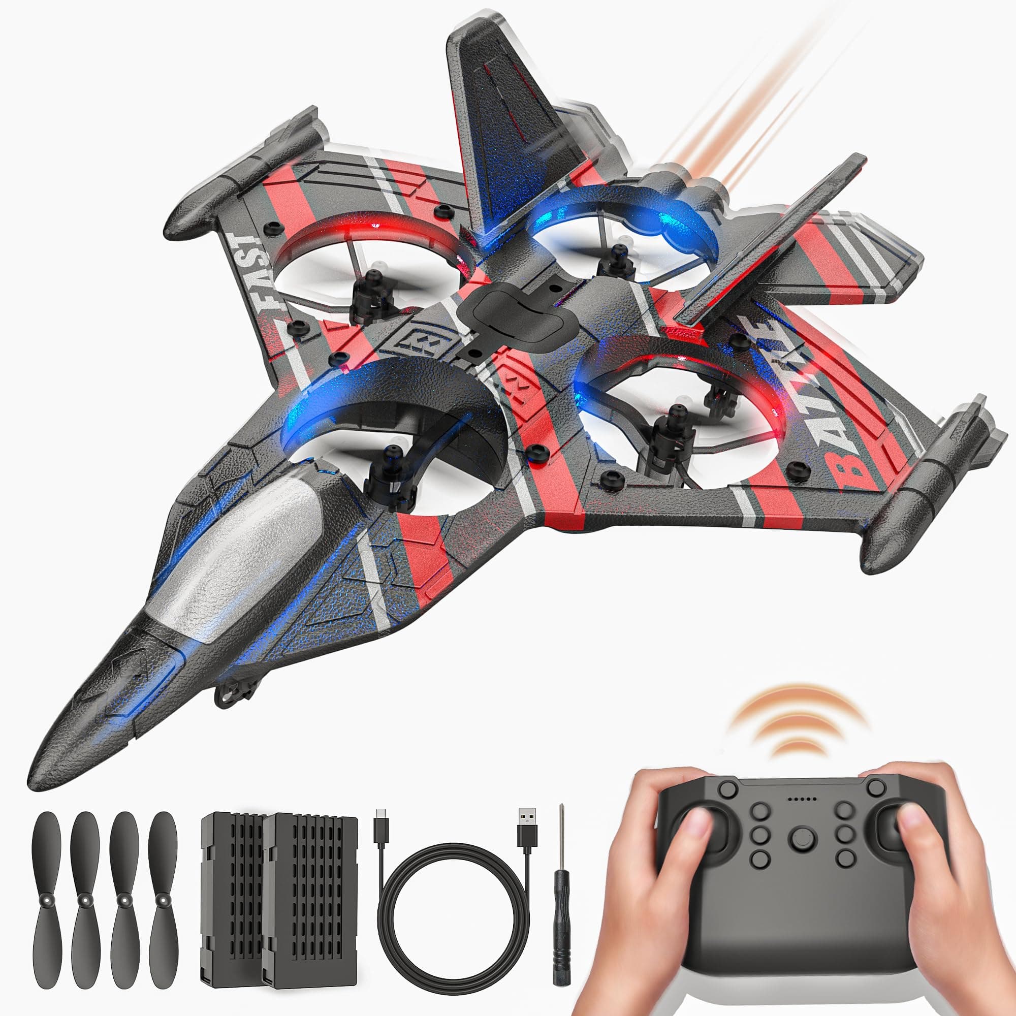 BEZGAR RC Plane | 2.4GHZ Remote Control Airplane, RC Helicopter, 360° Flip Fighter Jet Toy, Toys for ages 8-13 with Colorful LED Navigation Lights Red