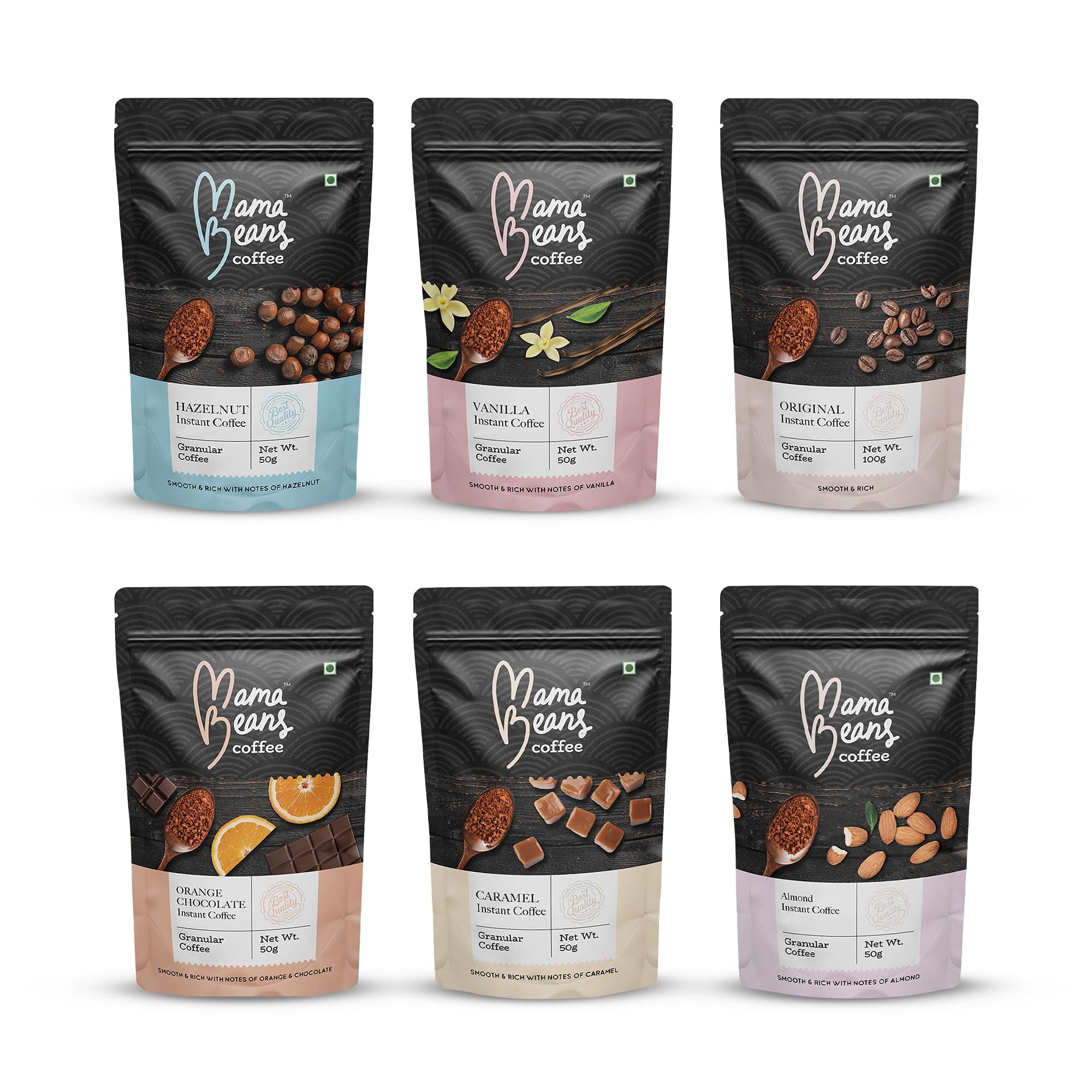 Instant Coffee Granules Combo Pack – 6 Original,Vanilla,Orange Chocolate, Hazelnut, Caramel,Almond (50g Each)
