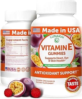 LunakaiUSA Made Vitamin E Gummies 400IU with Vitamin C - Delicious, Vegan, Non-GMO Supplement for Daily Skin & Eye Support, d-Alpha Tocopherol, 60ct