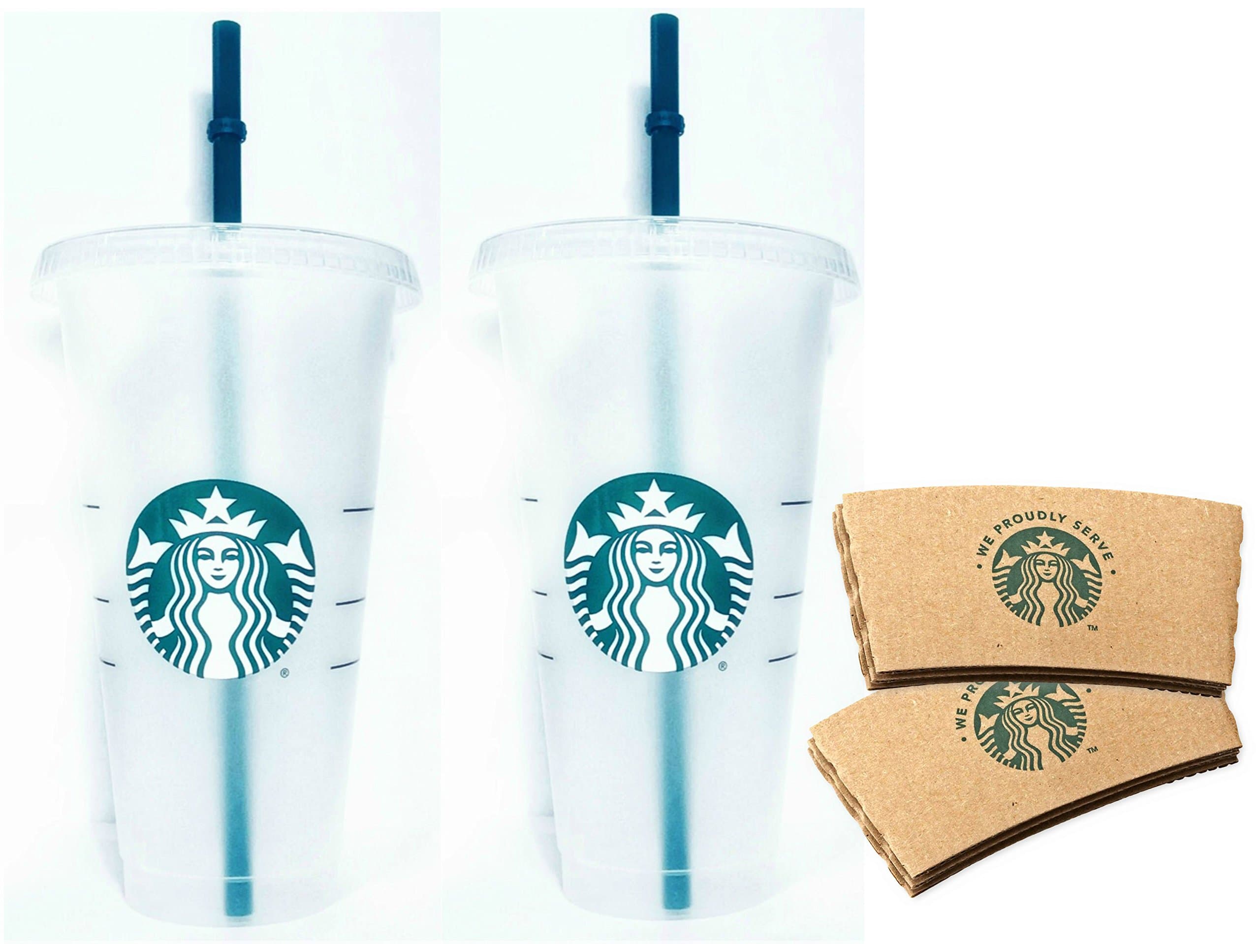 Starbucks Plastic Ice Cold Drink Cup Bundle with sleeves - Frosted Blue, 24 ounces