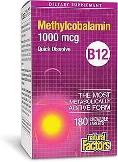Methylcobalamin 1,000 mcg - Vitamin B12 Supplement in Metabolically Active Form - Supplement Supports Cll Formation & Energy Production - 180 Chewable Tablets (180 Servings)