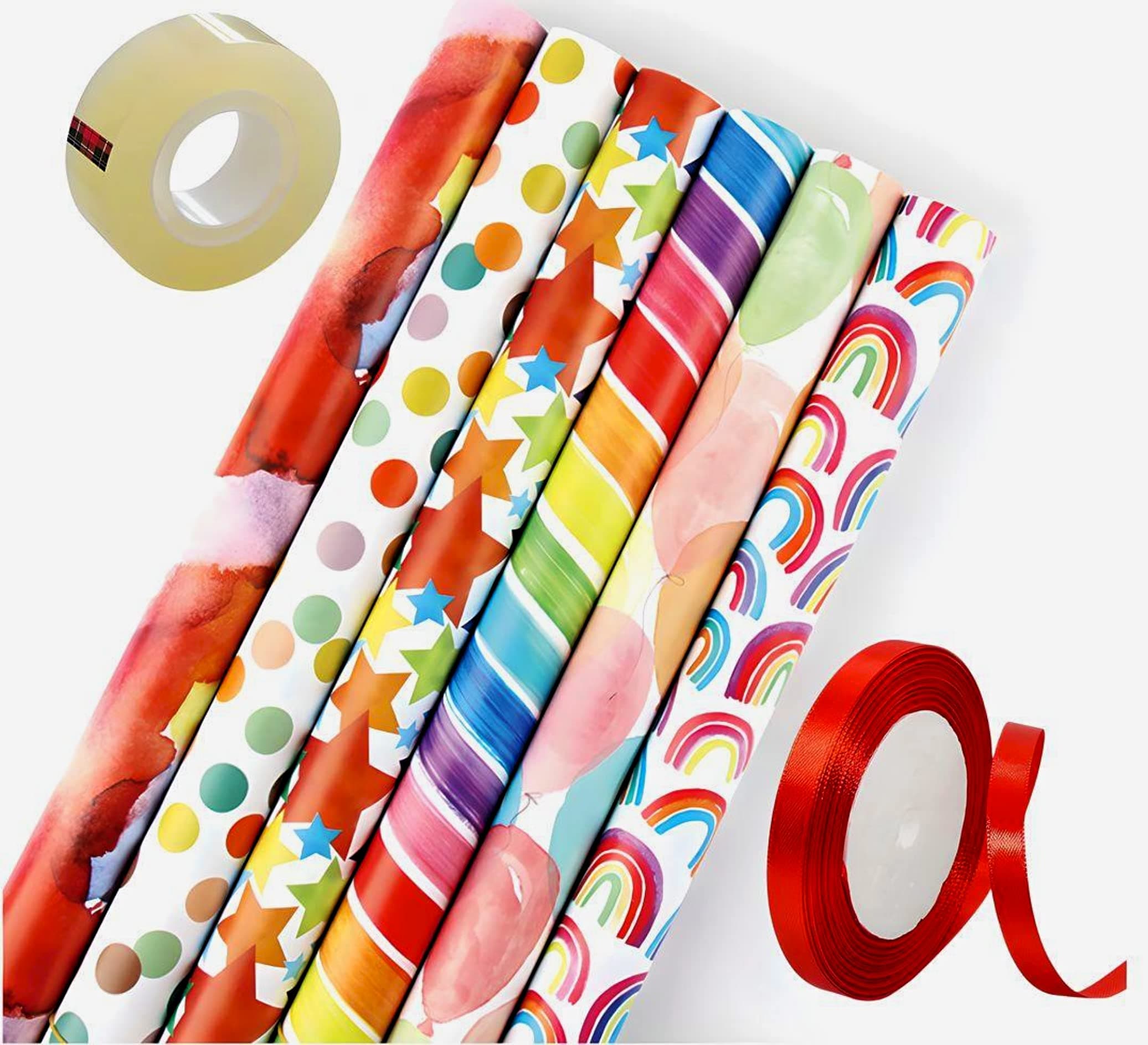 6 Pattern 6 Piece 50x70 cm Gift Wrap Paper Assortment with 1 Red Color 10 Meter Ribbon and 1 Transparent Tape - Create Beautifully Wrapped Gifts for Every Celebration