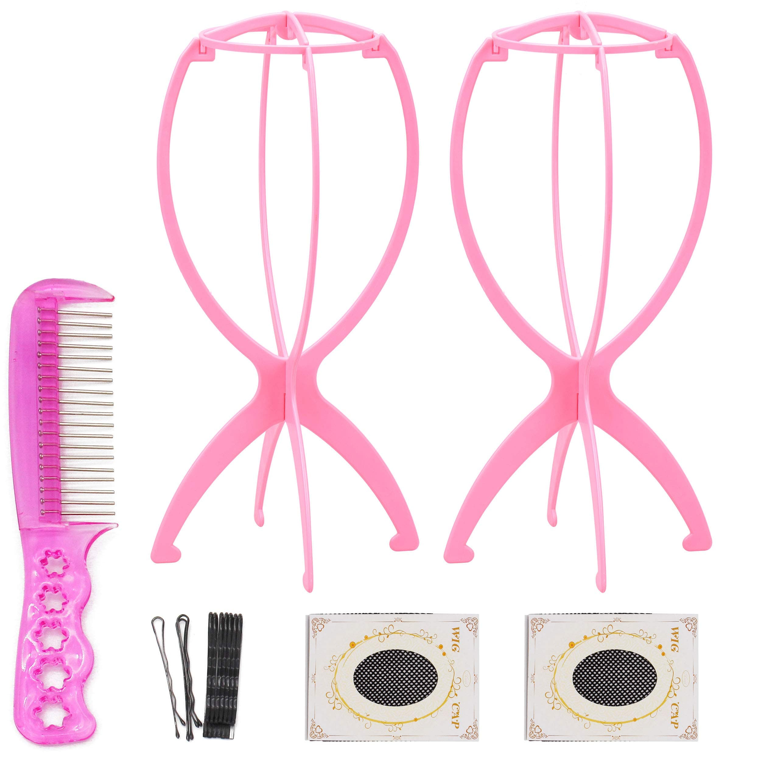 Beayuer 2 Pack Wig Stands for Wigs Durable Plastic Folding Wig Holder Portable Collapsible Wig Dryer Travel Short Hair Extensions Stands (Pink, 14 Inch)
