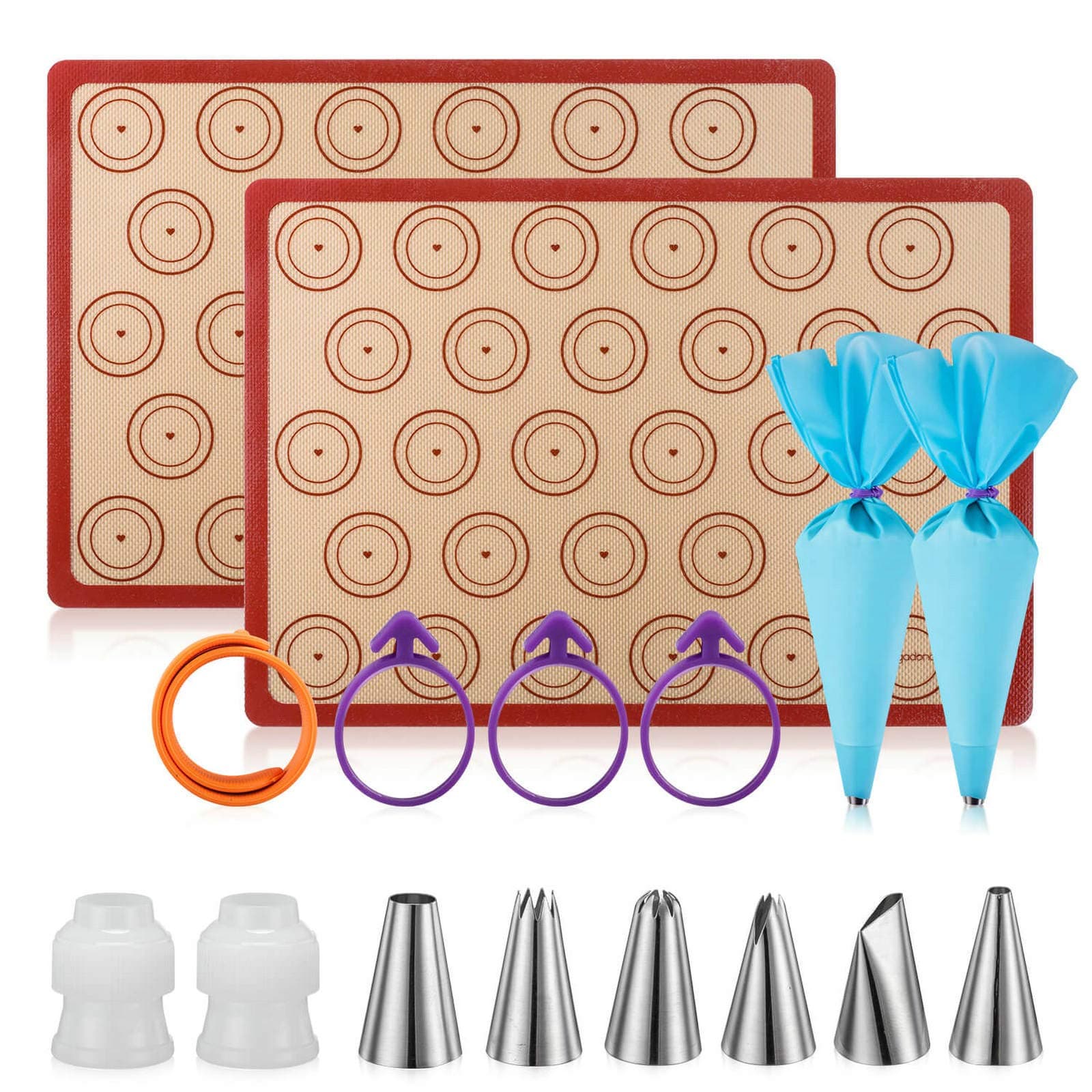Angadona Macaron Silicone Baking Mats Kit (16pcs set) Macaroon Baking Mat Set of 2 Half Sheet Macaron Silicone Mat Nonstick Macaron Mat Sheet,6 Piping Tip,2 Piping Bag with 3 Bag Tie,2 coupler