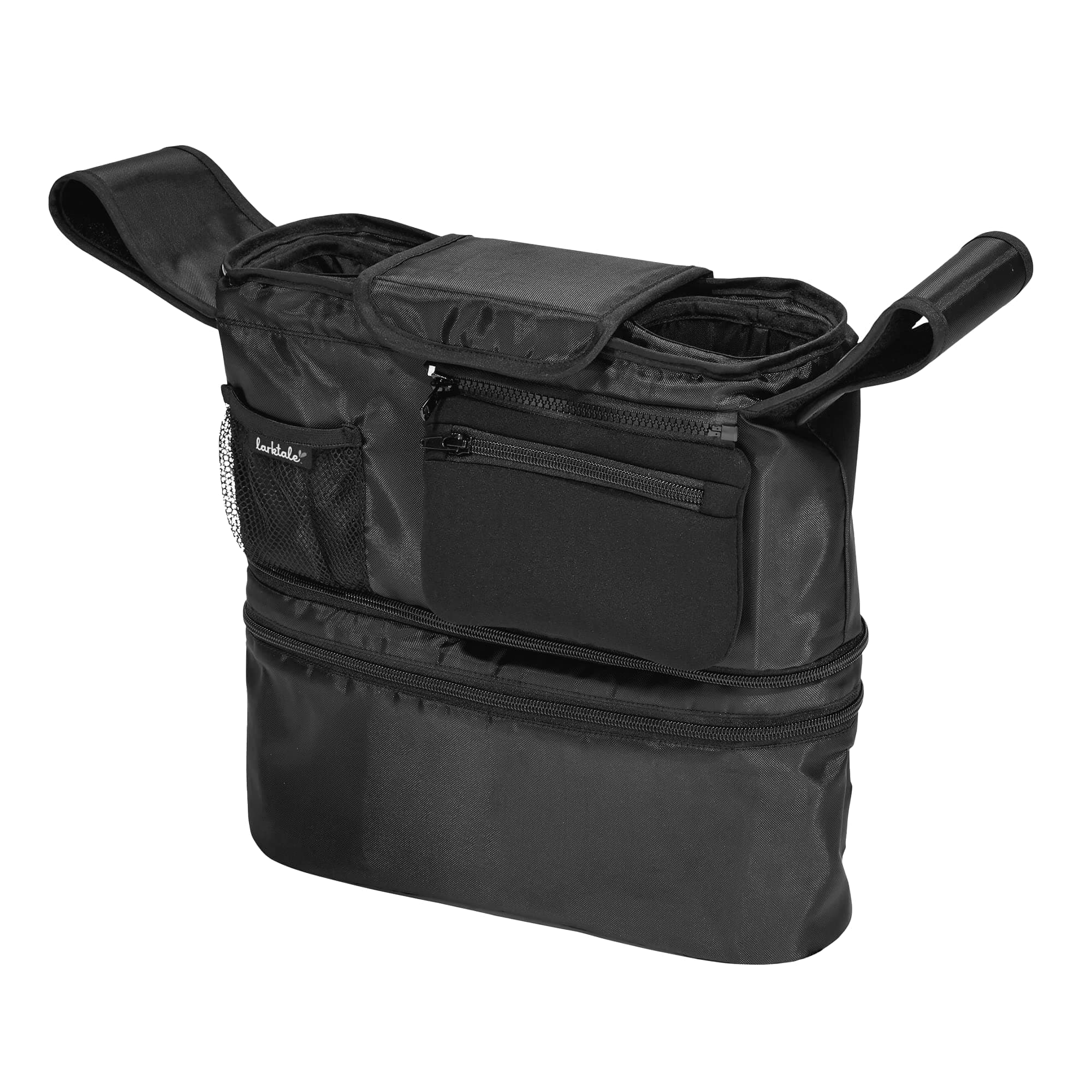 LarktaleUniversal Stroller Organizer | 2-in-1 Stroller Handlebar Console with Two Insulated Cup Holders, Multiple Storage Pockets, Phone Holder, Removable Shoulder Strap and Zippered Clutch | Removable Cooler Pouch for Transporting Baby's Food, Drinks, and Medicine | Fits most Strollers and Stroller/Wagons