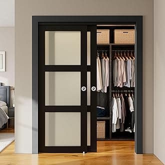 SMARTSTANDARD Bypass Sliding Closet Doors 56x80 in (Double 29in) for Bedroom, 3-Lite Frosted Glass Bypass Door with Hardware Kit Included, Preassembled Door Panel, Water-Proof PVC Surface, Black