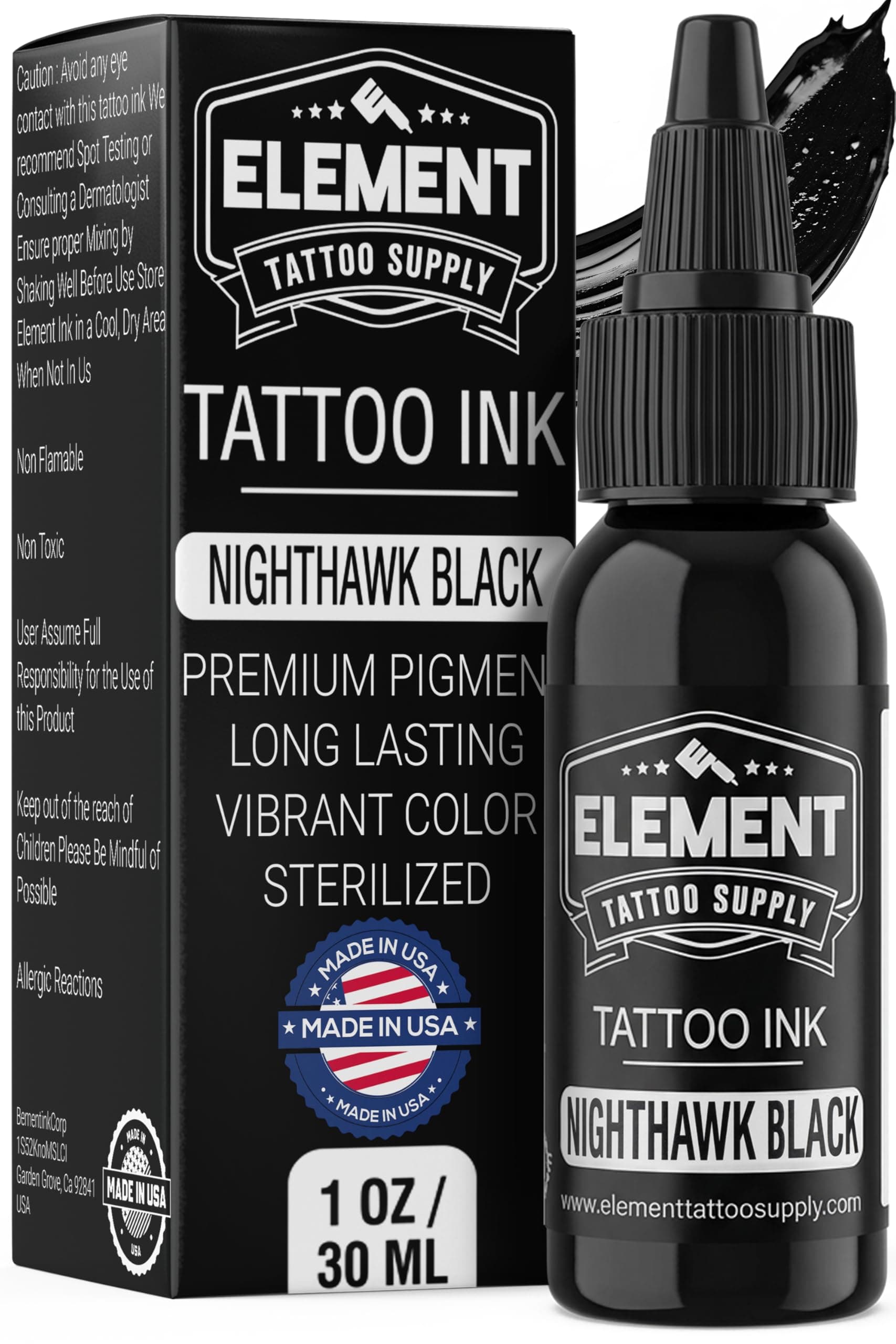 ELEMENT TATTOO SUPPLY Black Ink Nighthawk Lining Shading 1 Ounce Bottle