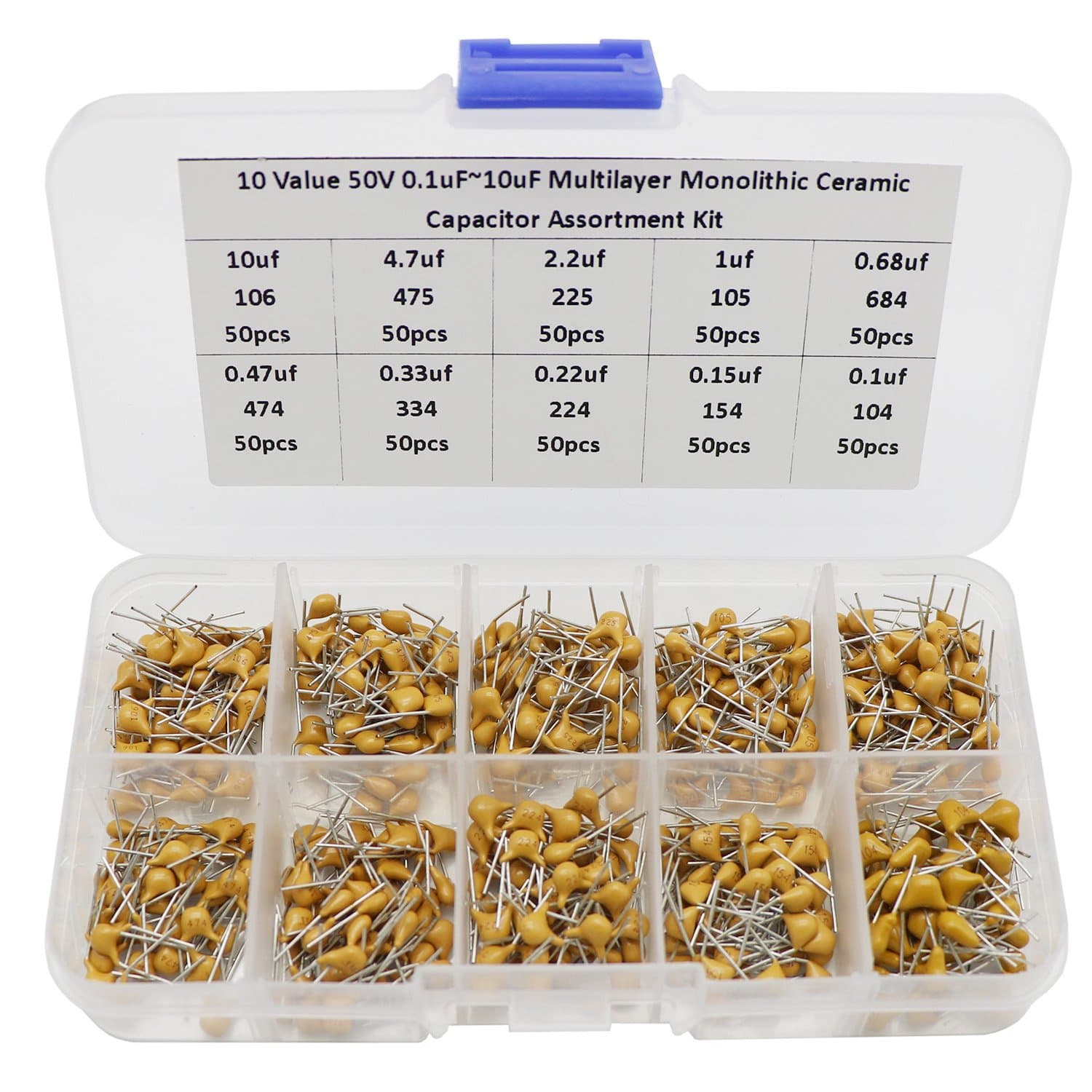 500 Pcs 0.1uF-10uF Dip Monolithic Multilayer Ceramic Chip Capacitors Assortment Kit