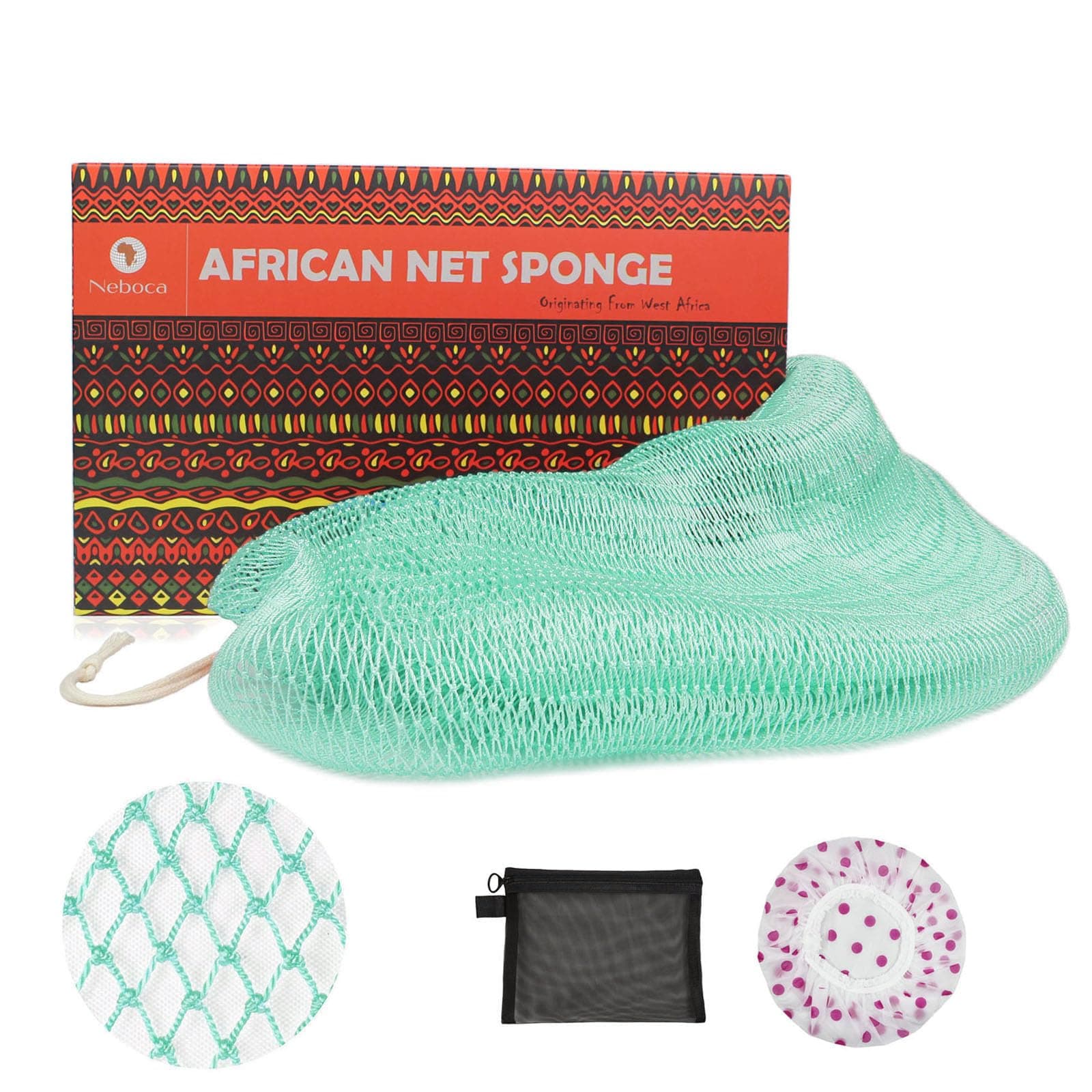 African Net Sponge Authentic African Exfoliating Net Sponge with Knots Real Sapo Sponge with Handles Afro Scrub Net Bath Cloth for Shower (Light Green)