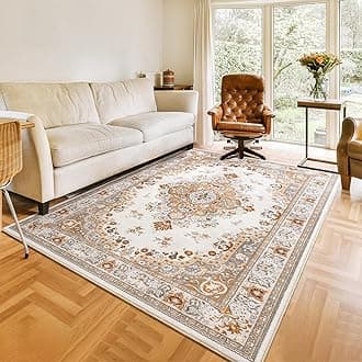 HOMORE 5x7 Living Room Rug Beige Rugs for Living Room, Non Slip Washable Rugs for Bedroom Faux Wool Throw Carpet for Dining Office Vintage Floral Rug for Entryway Kitchen Farmhouse Home DecorOEKO-TEX STANDARD 100