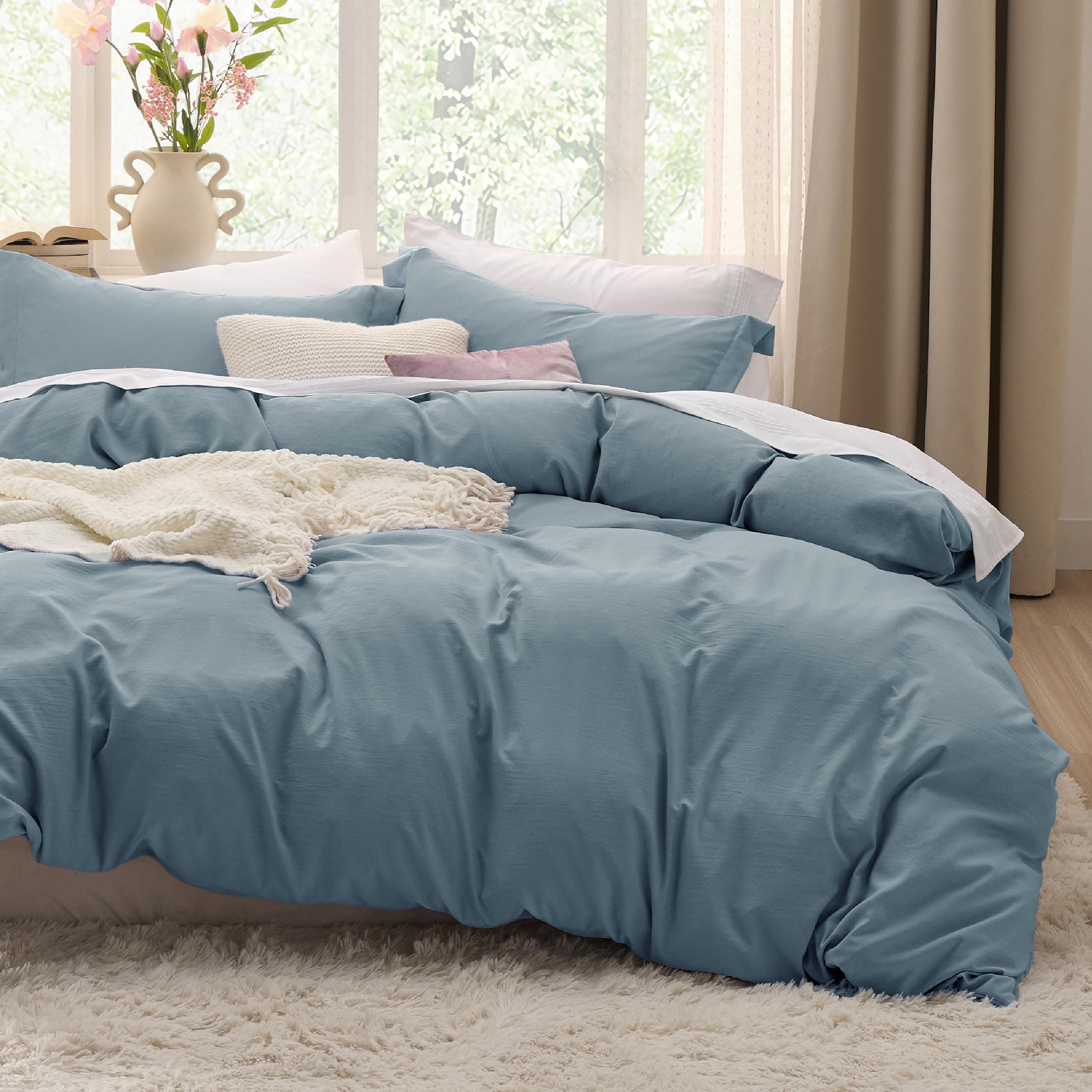 Mineral Blue Duvet Covers Queen Size - Prewashed Cotton-Like Polyester Duvet Cover, Soft Queen Duvet Cover Set 3 Pieces with Zipper Closure, 1 Duvet Cover 90x90 inches and 2 Pillow Shams