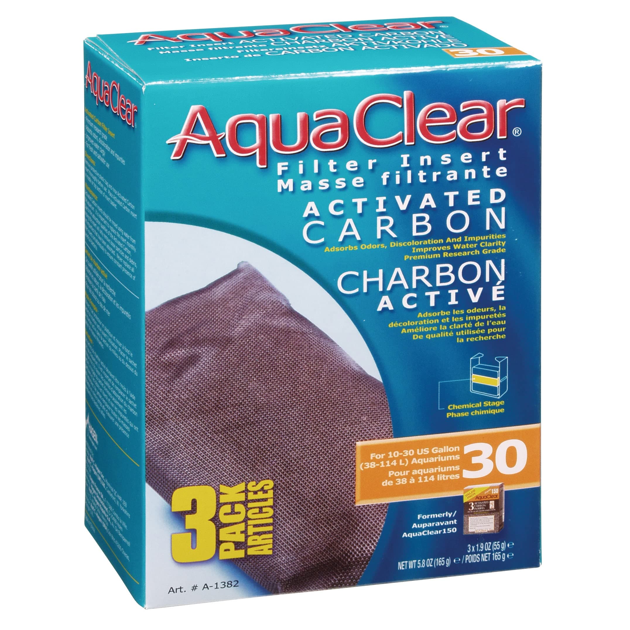 A1382 Activated Carbon Insert, 30-Gallon Aquariums, White, 3-Pack