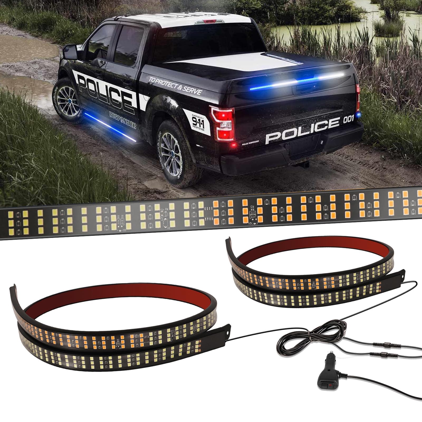 HLautoHL035 2PCS 35inch Emergency Strobe Light Strips: 648 LED Tailgate Safety Warning Flashing Light Flexible Hazard Rear Window Light Bar for Pickup Trucks Construction Vehicle Trailer (Blue/White)
