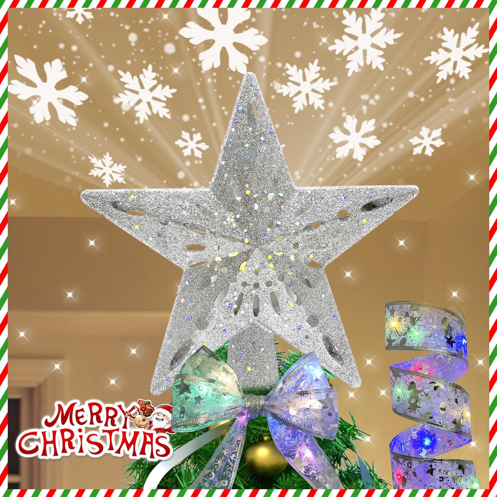 Christmas Tree Star Topper Light Built-in Rotating LED Snowflake Projector,Matching Christmas Ribbon with Lights 5m/16ft,3D Glitter Hollow Star Tree Topper Starry Night Light for Xmas Tree(Silver)