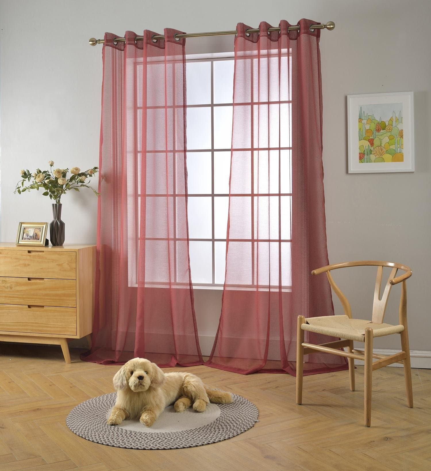 MIUCO 2 Panels Grommet Textured Solid Sheer Curtains 63 Inches Long for Living Room (2 x 54 Wide x 63" Long) Burgundy