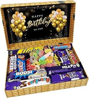 – Happy Birthday Sweets and Chocolate Gift Box Pick n Mix Sweets Chocolate Hamper in Wicker Style Printed Box | Gift Box for All | 360gm Sweet & 12 Standard Bars