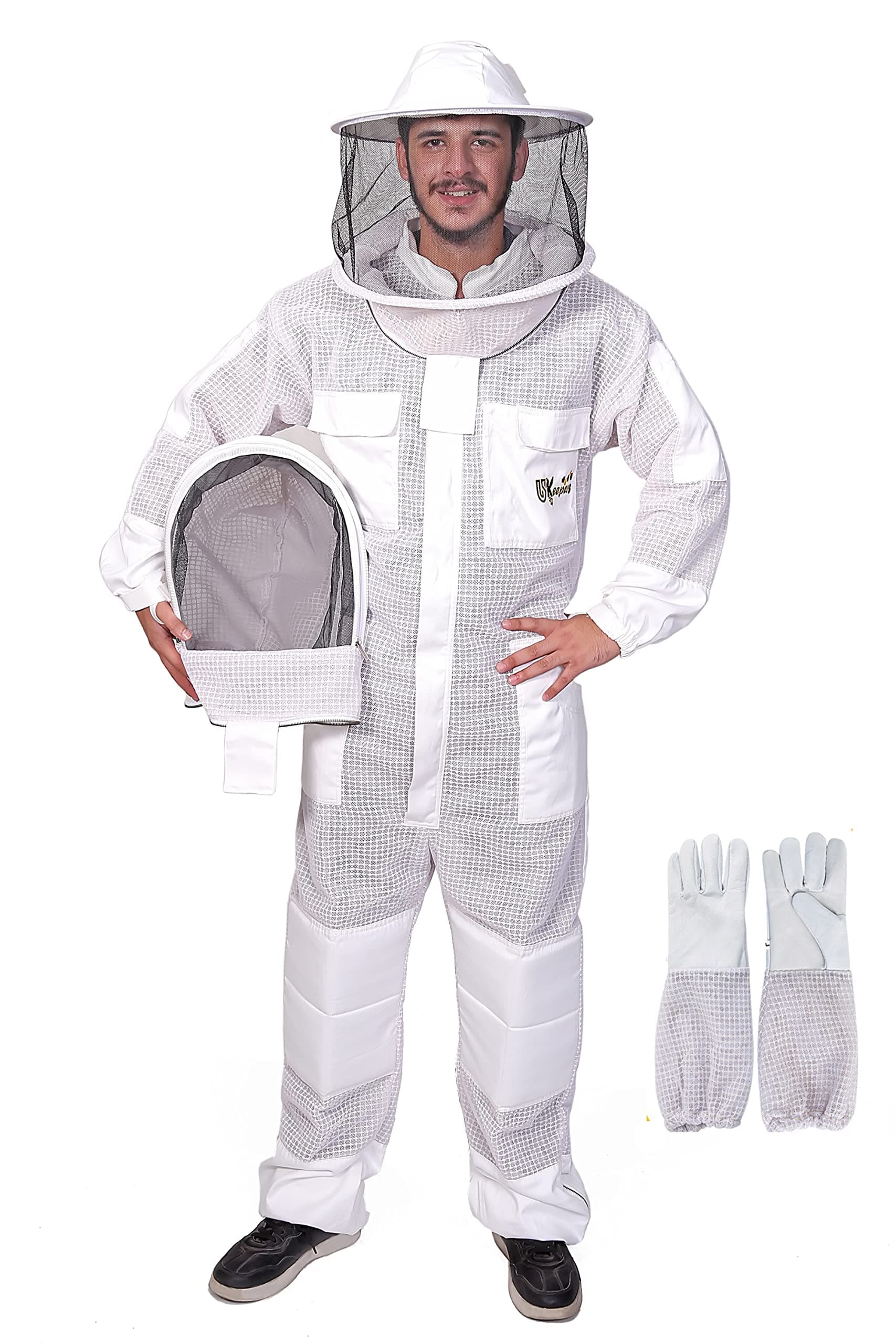 US-Keepers 3-Layer Ultra Ventilated Bee Suit for Men & Women – Premium Beekeeping Suit with Bee Gloves & Two Detachable Beekeeping Veils (White 4XL)