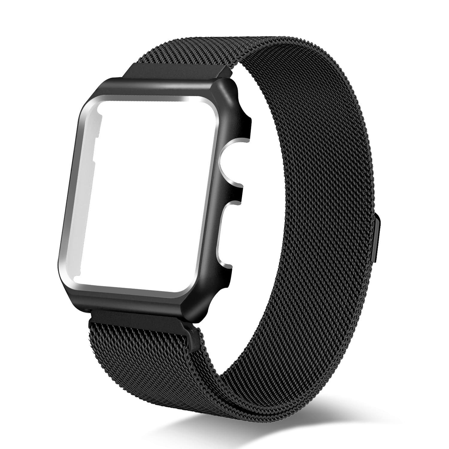 Metal Strap with Case for Apple Watch 38mm, Milanese Loop Stainless Steel iWatch Replacement Band with Magnetic Closure Clasp for Apple Watch Series 3, Series 2, Series 1, Sport and Edition (38MM, Black)