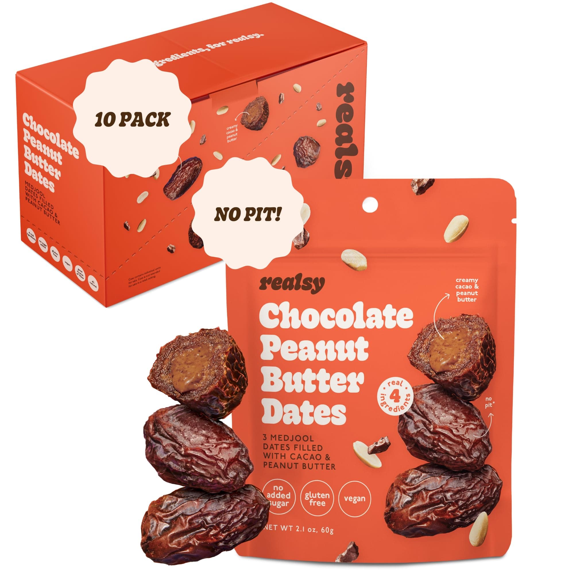 Realsy Chocolate Peanut Butter Stuffed Medjool Dates, Organic Dates with No Sugar Added, Gluten-Free, Vegan, Good Source of Fiber, Low Glycemic Index, All Natural Healthy Snack, (10 Pack)